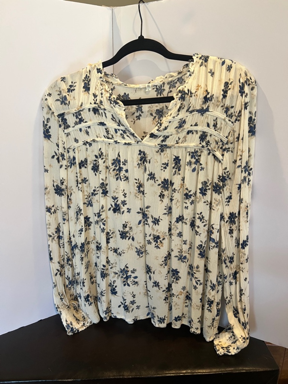 Maurices Cream Blouse with Blue Floral Print